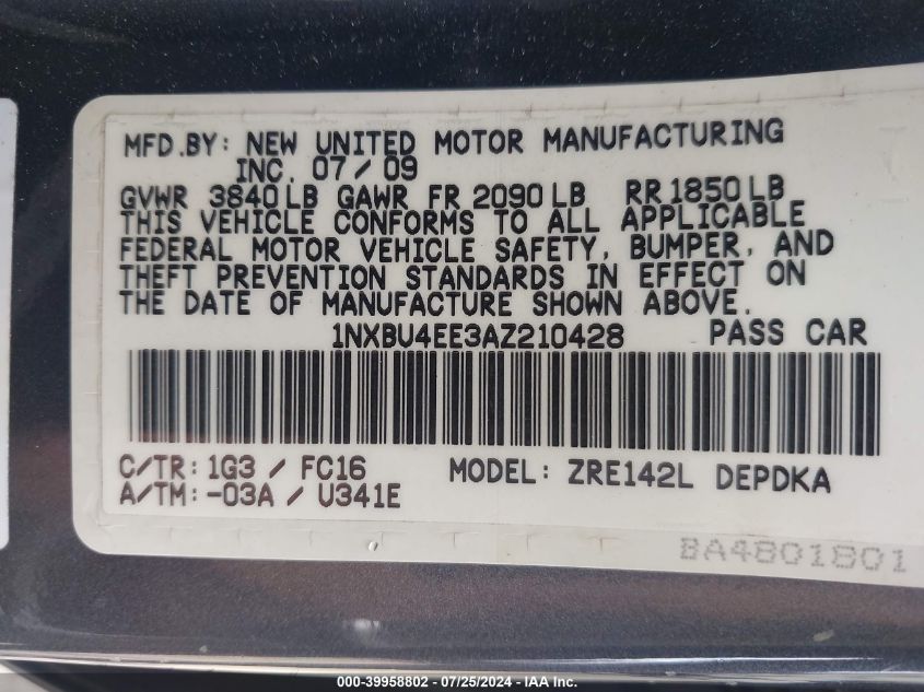 2010 Toyota Corolla Le VIN: 1NXBU4EE3AZ210428 Lot: 39958802