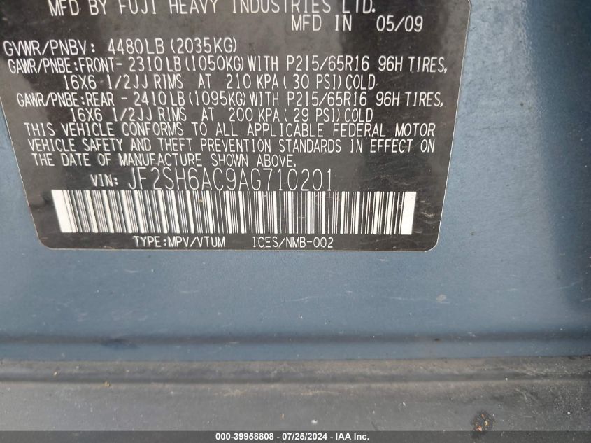 2010 Subaru Forester 2.5X VIN: JF2SH6AC9AG710201 Lot: 39958808