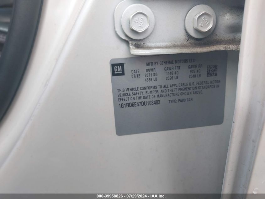 2013 Chevrolet Volt VIN: 1G1RD6E47DU103482 Lot: 39958826