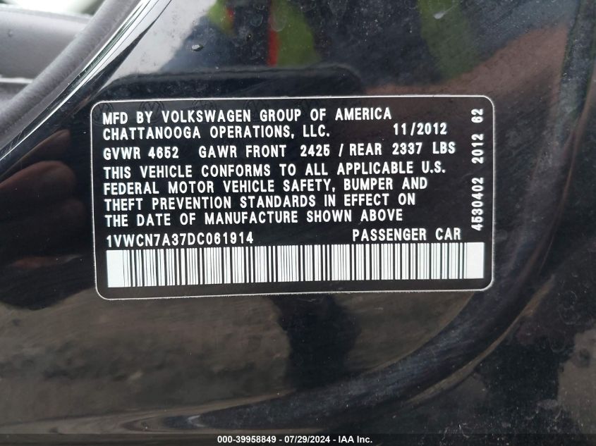 2013 Volkswagen Passat Sel VIN: 1VWCN7A37DC061914 Lot: 39958849