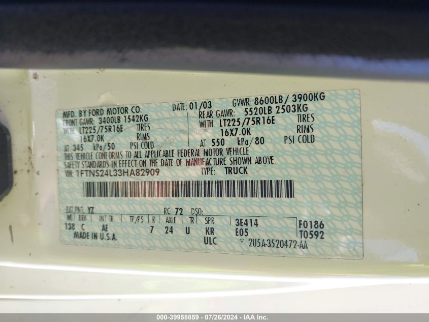 2003 Ford E-250 Commercial/Recreational VIN: 1FTNS24L33HA82909 Lot: 39958859