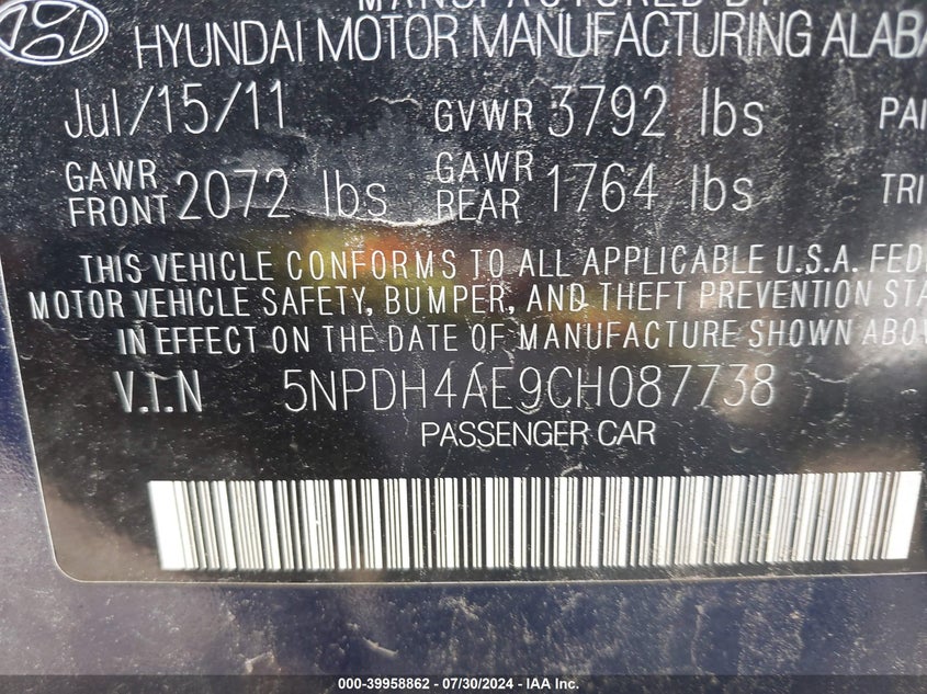 2012 Hyundai Elantra Gls Pzev VIN: 5NPDH4AE9CH087738 Lot: 39958862