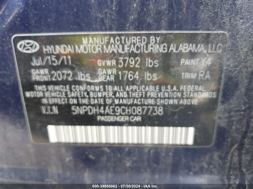 2012 Hyundai Elantra Gls Pzev VIN: 5NPDH4AE9CH087738 Lot: 39958862