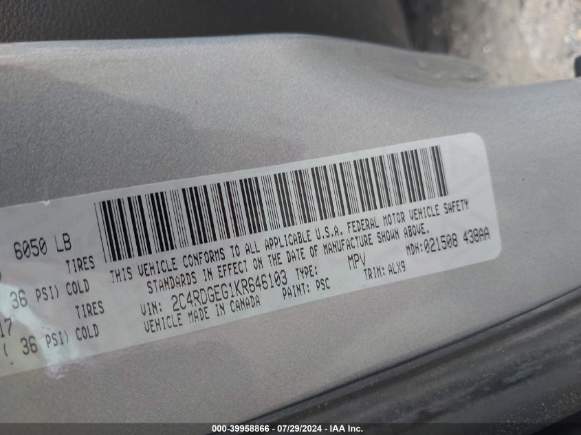 2019 Dodge Grand Caravan Gt VIN: 2C4RDGEG1KR646103 Lot: 39958866