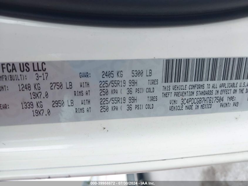 2017 Dodge Journey Crossroad Plus VIN: 3C4PDCGB7HT617504 Lot: 39958872