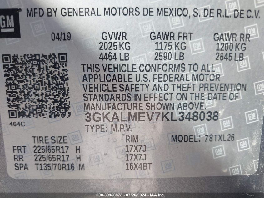 2019 GMC Terrain Sle VIN: 3GKALMEV7KL348038 Lot: 39958873