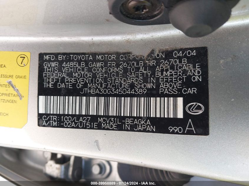 2004 Lexus Es 330 VIN: JTHBA30G345044389 Lot: 39958889