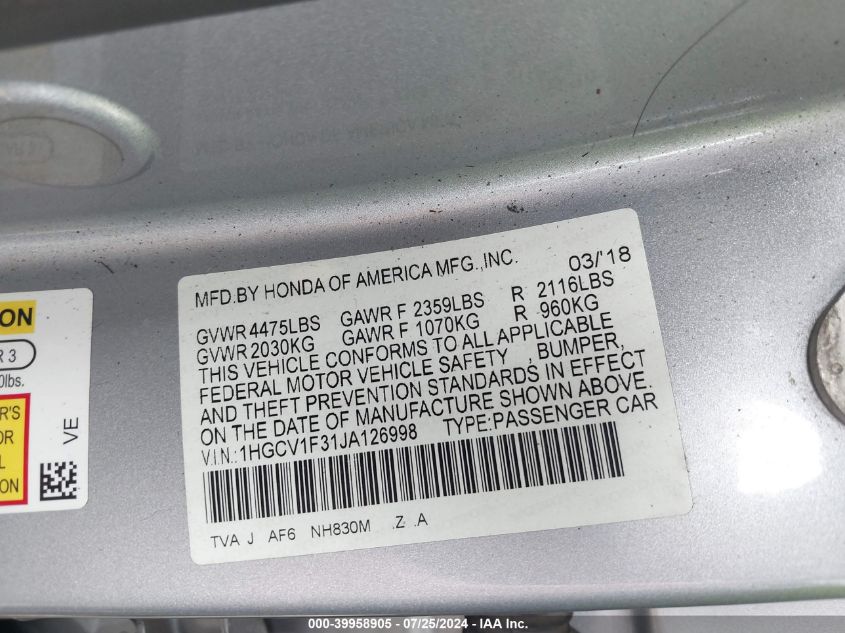 1HGCV1F31JA126998 | 2018 HONDA ACCORD