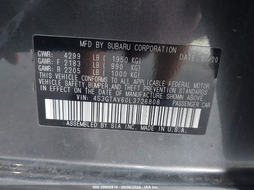 2020 Subaru Impreza Premium 5-Door VIN: 4S3GTAV60L3726808 Lot: 39958910