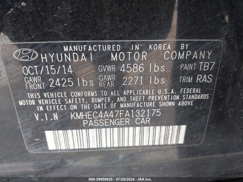 2015 Hyundai Sonata Hybrid Limited VIN: KMHEC4A47FA132175 Lot: 39958925