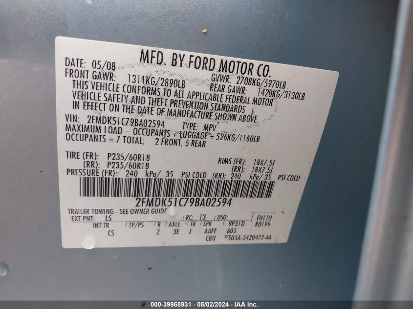 2009 Ford Flex Se VIN: 2FMDK51C79BA02594 Lot: 39958931