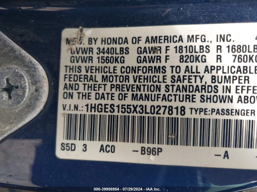 2003 Honda Civic Lx VIN: 1HGES155X3L027818 Lot: 39958954