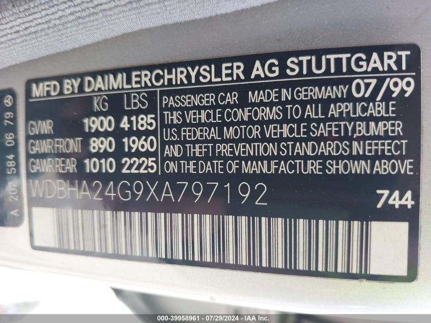 1999 Mercedes-Benz C 230 VIN: WDBHA24G9XA797192 Lot: 39958961