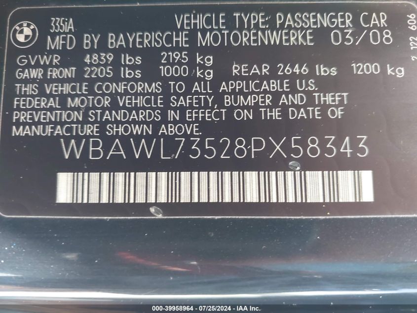 2008 BMW 335I VIN: WBAWL73528PX58343 Lot: 39958964