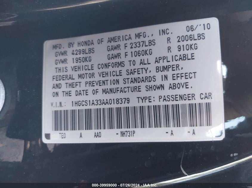2010 Honda Accord 2.4 Lx-S VIN: 1HGCS1A33AA018379 Lot: 39959000