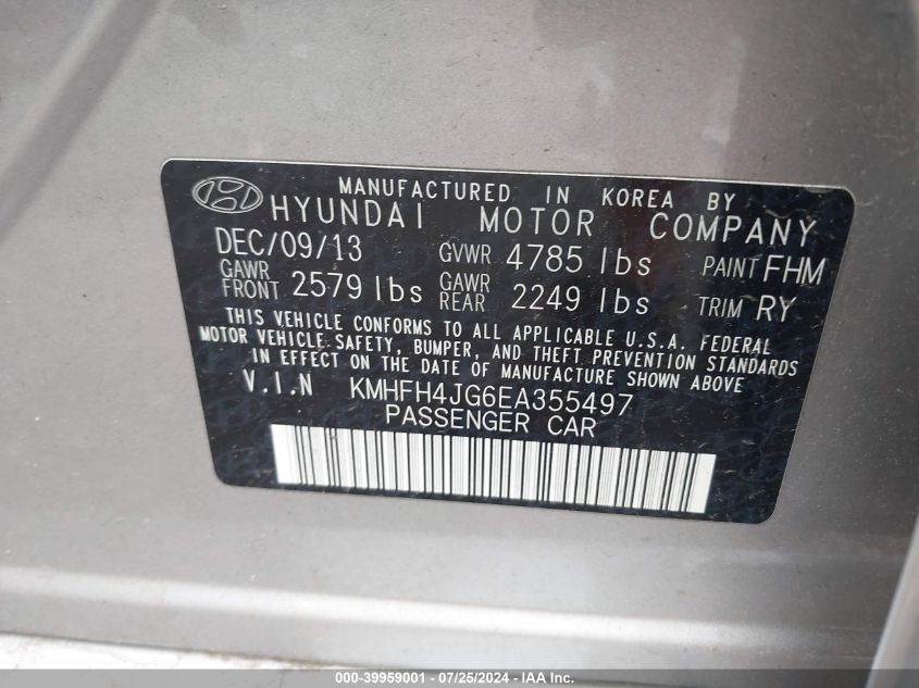 KMHFH4JG6EA355497 2014 Hyundai Azera Limited