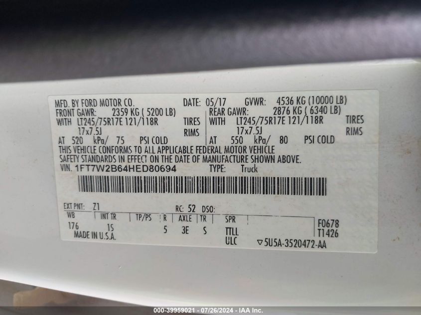 2017 Ford F-250 Xl VIN: 1FT7W2B64HED80694 Lot: 39959021
