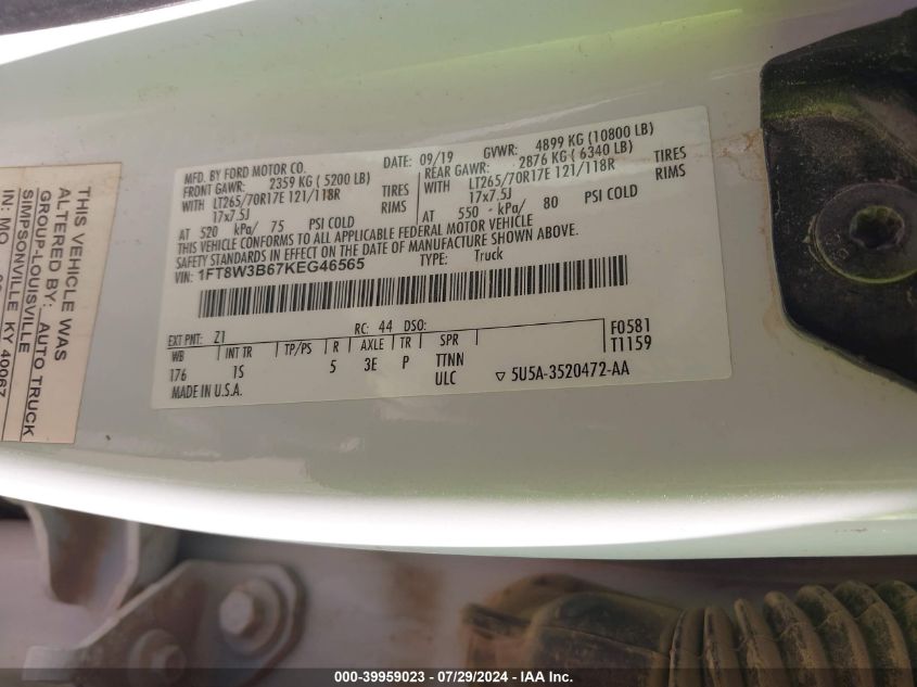 2019 Ford F-350 Xl VIN: 1FT8W3B67KEG46565 Lot: 39959023