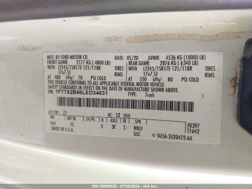 2020 Ford F-250 Xl VIN: 1FT7X2B66LED34631 Lot: 39959025