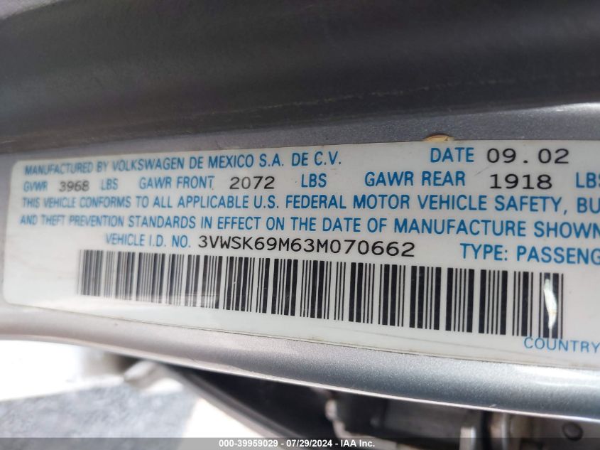 2003 Volkswagen Jetta Gls 2.0L VIN: 3VWSK69M63M070662 Lot: 39959029
