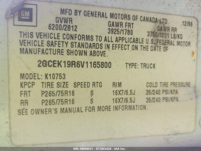 1997 Chevrolet Gmt-400 K1500 VIN: 2GCEK19R6V1165800 Lot: 39959031