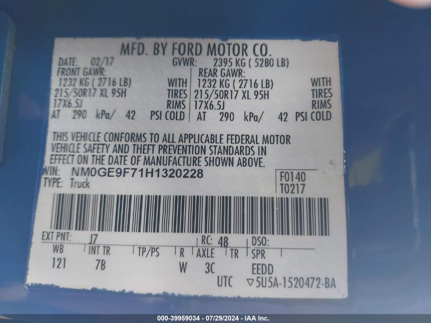 2017 Ford Transit Connect Xlt VIN: NM0GE9F71H1320228 Lot: 39959034