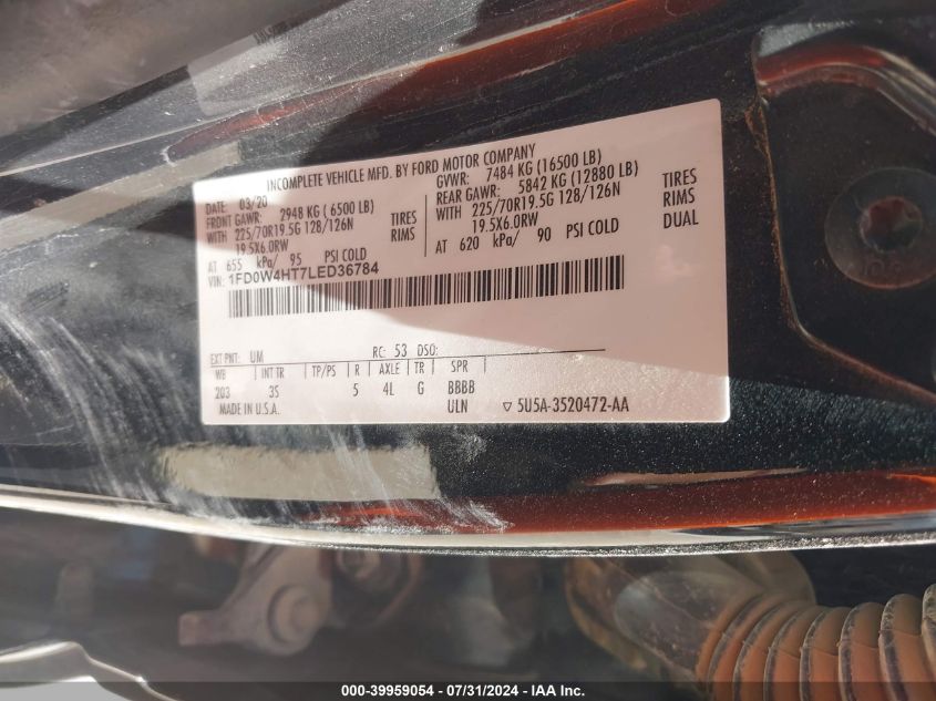 2020 Ford F450 Super Duty VIN: 1FD0W4HT7LED36784 Lot: 39959054