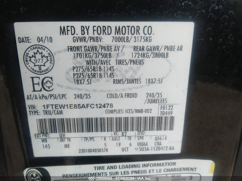 2010 Ford F-150 Xlt VIN: 1FTEW1E85AFC12478 Lot: 39959065