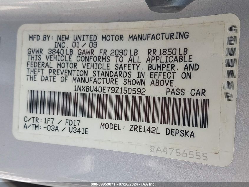 2009 Toyota Corolla Le/S/Xle VIN: 1NXBU40E79Z150592 Lot: 39959071