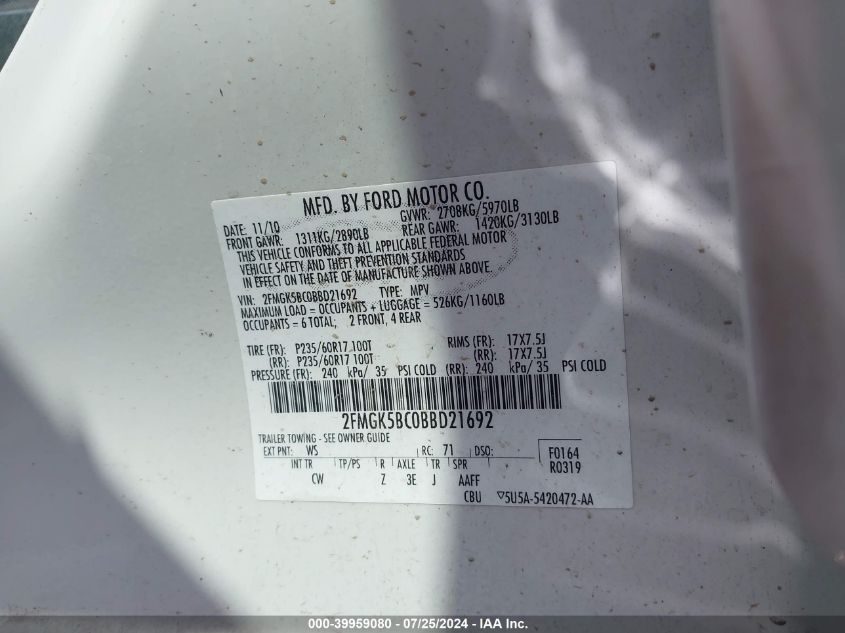 2011 Ford Flex Se VIN: 2FMGK5BC0BBD21692 Lot: 39959080