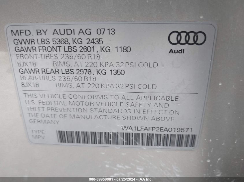 2014 Audi Q5 2.0T Premium VIN: WA1LFAFP2EA019571 Lot: 39959081