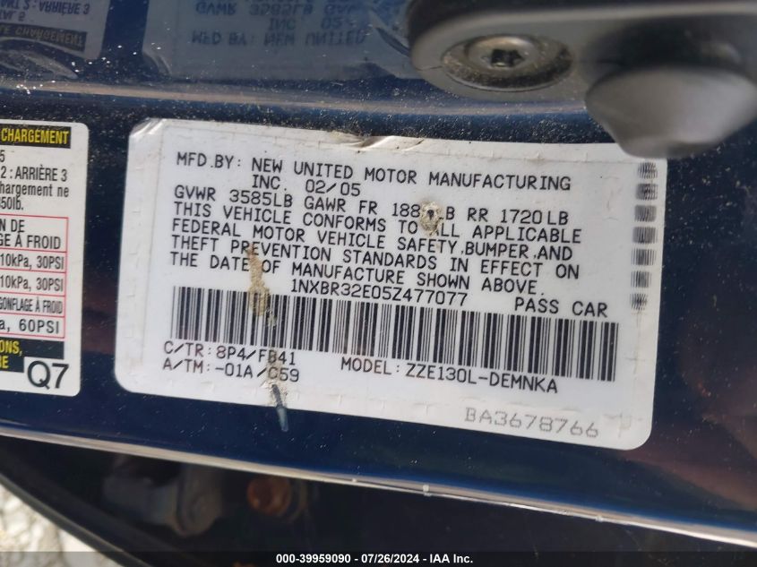 2005 Toyota Corolla Le VIN: 1NXBR32E05Z477077 Lot: 39959090