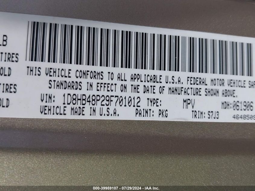 2009 Dodge Durango Slt VIN: 1D8HB48P29F701012 Lot: 39959107