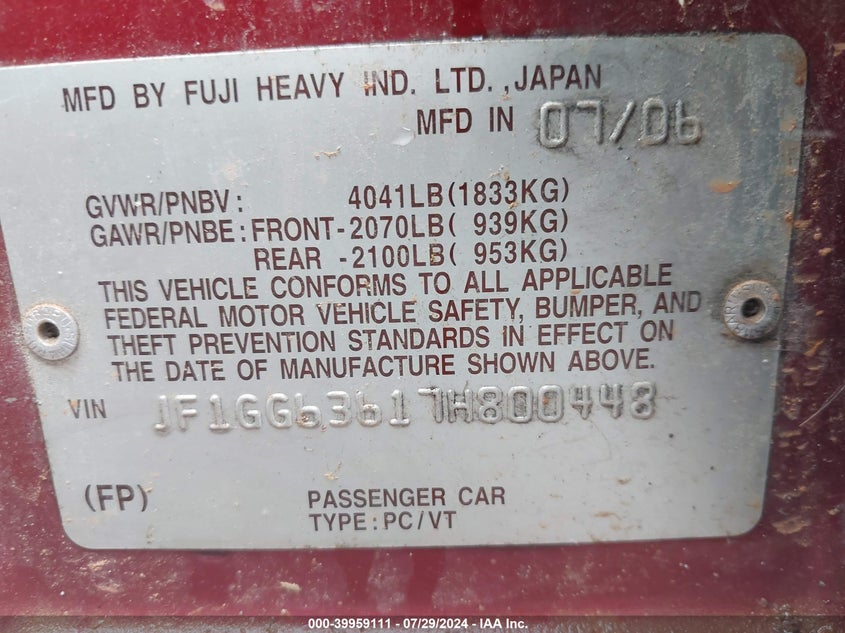 2007 Subaru Impreza Outback Sport Outback Sport/Outback Spc VIN: JF1GG63617H800448 Lot: 39959111