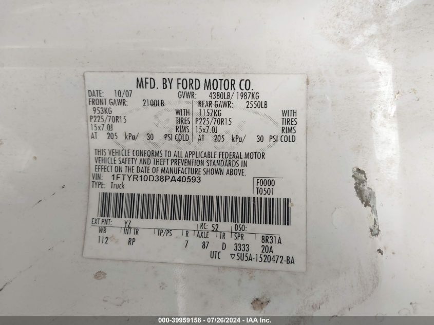 2008 Ford Ranger Xl/Xlt VIN: 1FTYR10D38PA40593 Lot: 39959158