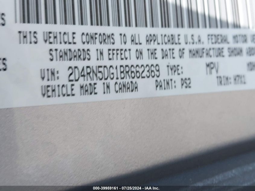 2011 Dodge Grand Caravan Crew VIN: 2D4RN5DG1BR662369 Lot: 39959161