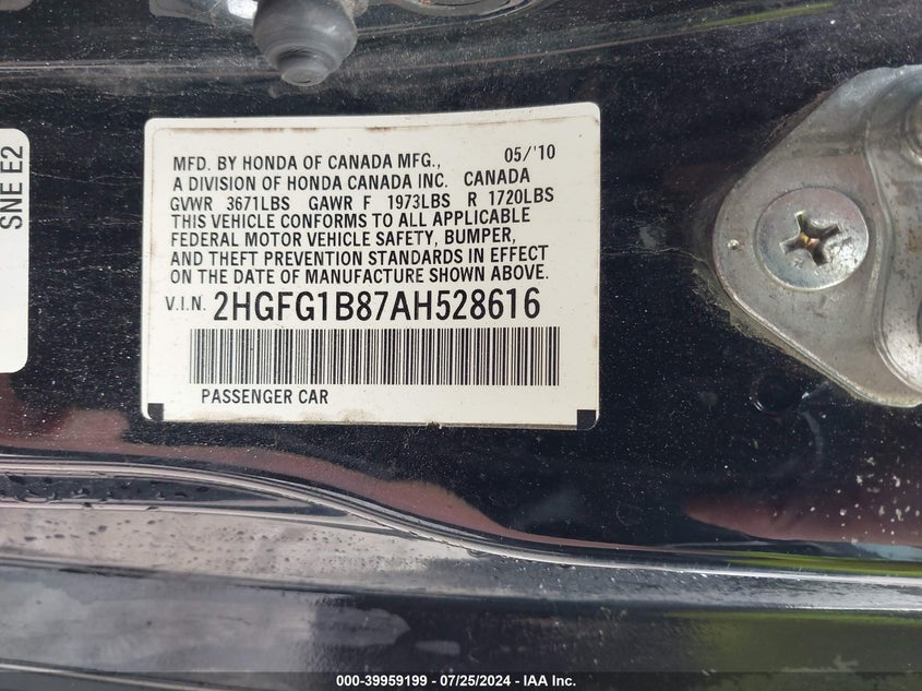 2010 Honda Civic Ex VIN: 2HGFG1B87AH528616 Lot: 39959199