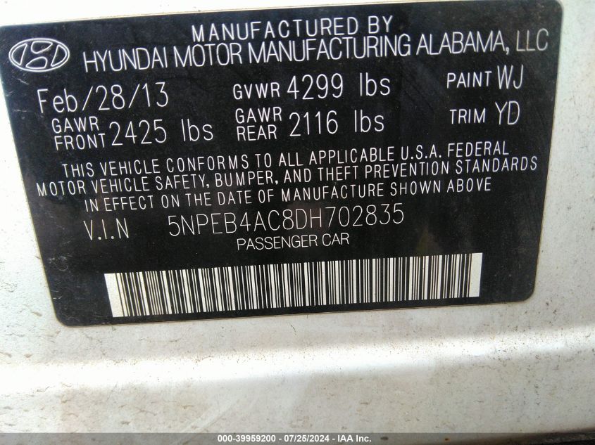 2013 Hyundai Sonata Gls VIN: 5NPEB4AC8DH702835 Lot: 39959200