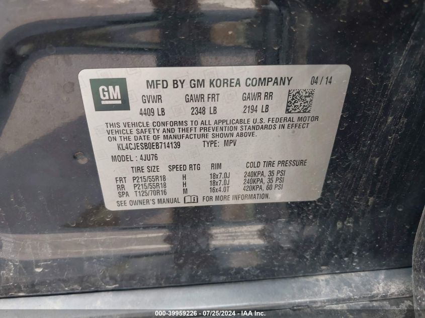 2014 Buick Encore VIN: KL4CJESB0EB714139 Lot: 39959226