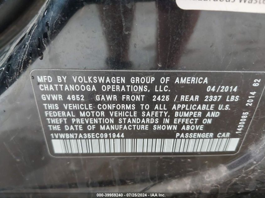 2014 Volkswagen Passat 2.0L Tdi Se VIN: 1VWBN7A35EC091944 Lot: 39959240