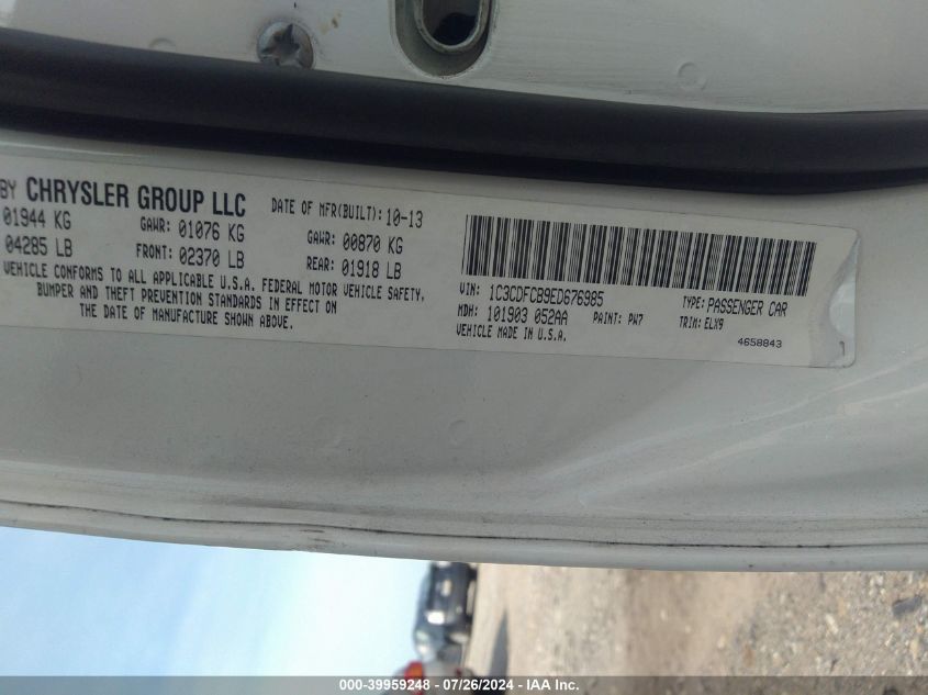 2014 Dodge Dart Limited VIN: 1C3CDFCB9ED676985 Lot: 39959248