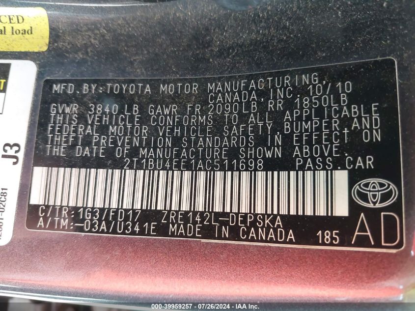 2010 Toyota Corolla S VIN: 2T1BU4EE1AC511698 Lot: 39959257