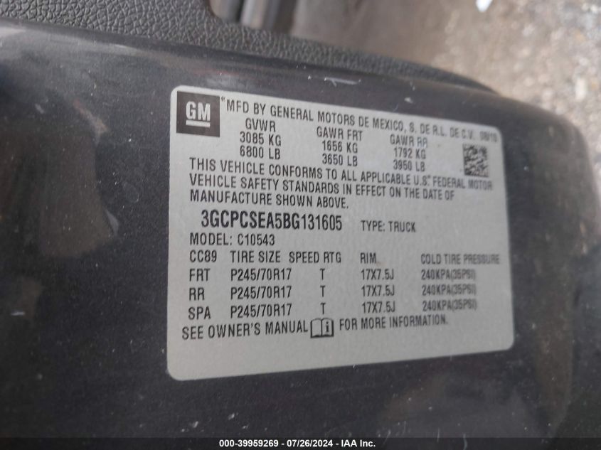 2011 Chevrolet Silverado 1500 Lt VIN: 3GCPCSEA5BG131605 Lot: 39959269