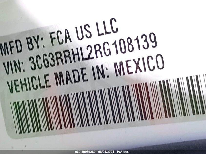 2024 Ram 3500 Big Horn 4X4 8' Box VIN: 3C63RRHL2RG108139 Lot: 39959280