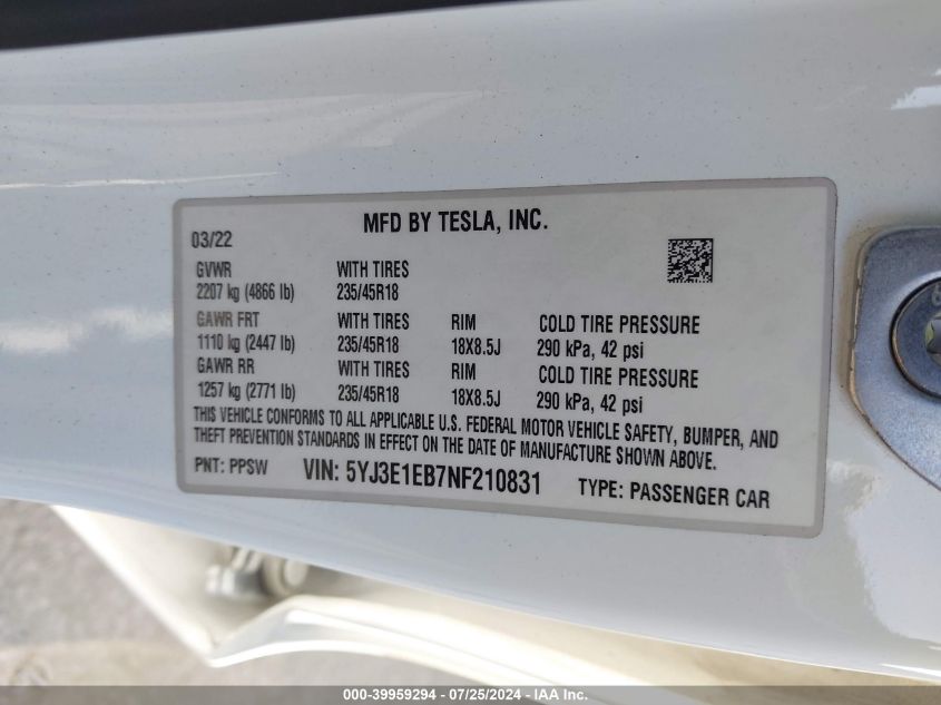 2022 TESLA MODEL 3 - 5YJ3E1EB7NF210831