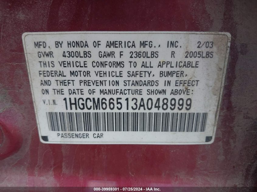 1HGCM66513A048999 | 2003 HONDA ACCORD