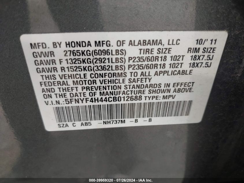 2012 Honda Pilot Ex VIN: 5FNYF4H44CB012688 Lot: 39959320