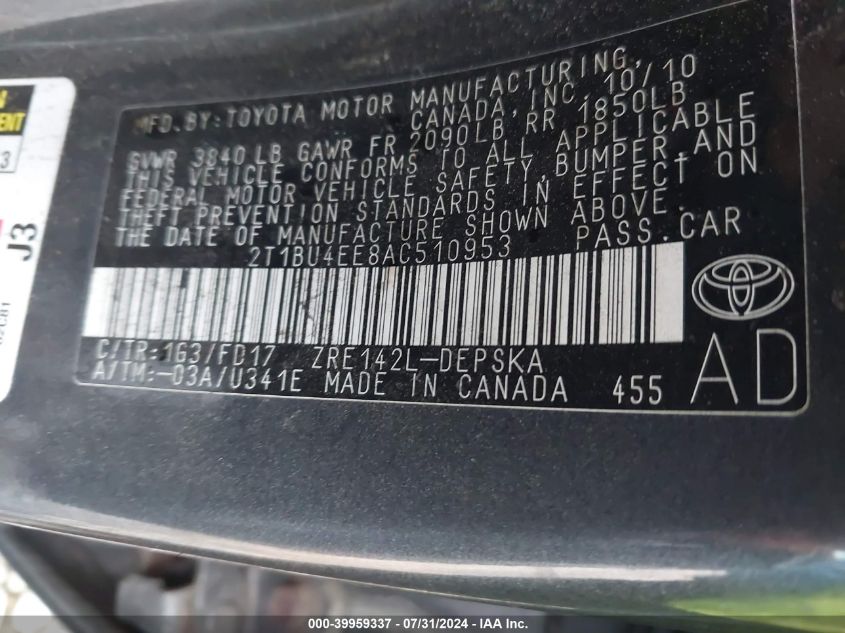 2010 Toyota Corolla S/Le/Xle VIN: 2T1BU4EE8AC510953 Lot: 39959337