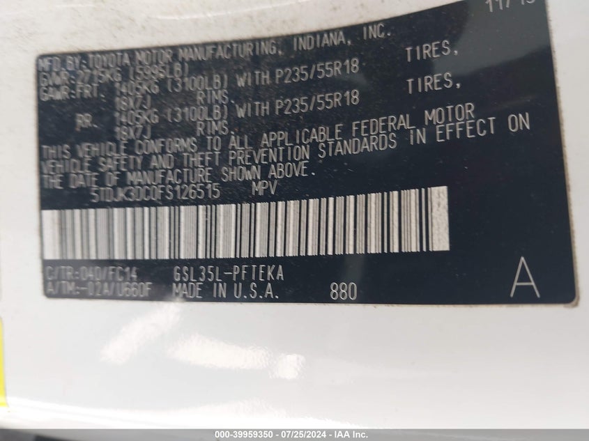 2015 Toyota Sienna Le 7 Passenger VIN: 5TDJK3DC0FS126515 Lot: 39959350