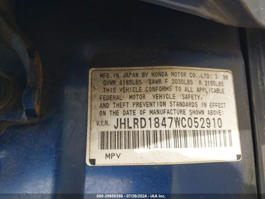 1998 Honda Cr-V Lx VIN: JHLRD1847WC052910 Lot: 39959356
